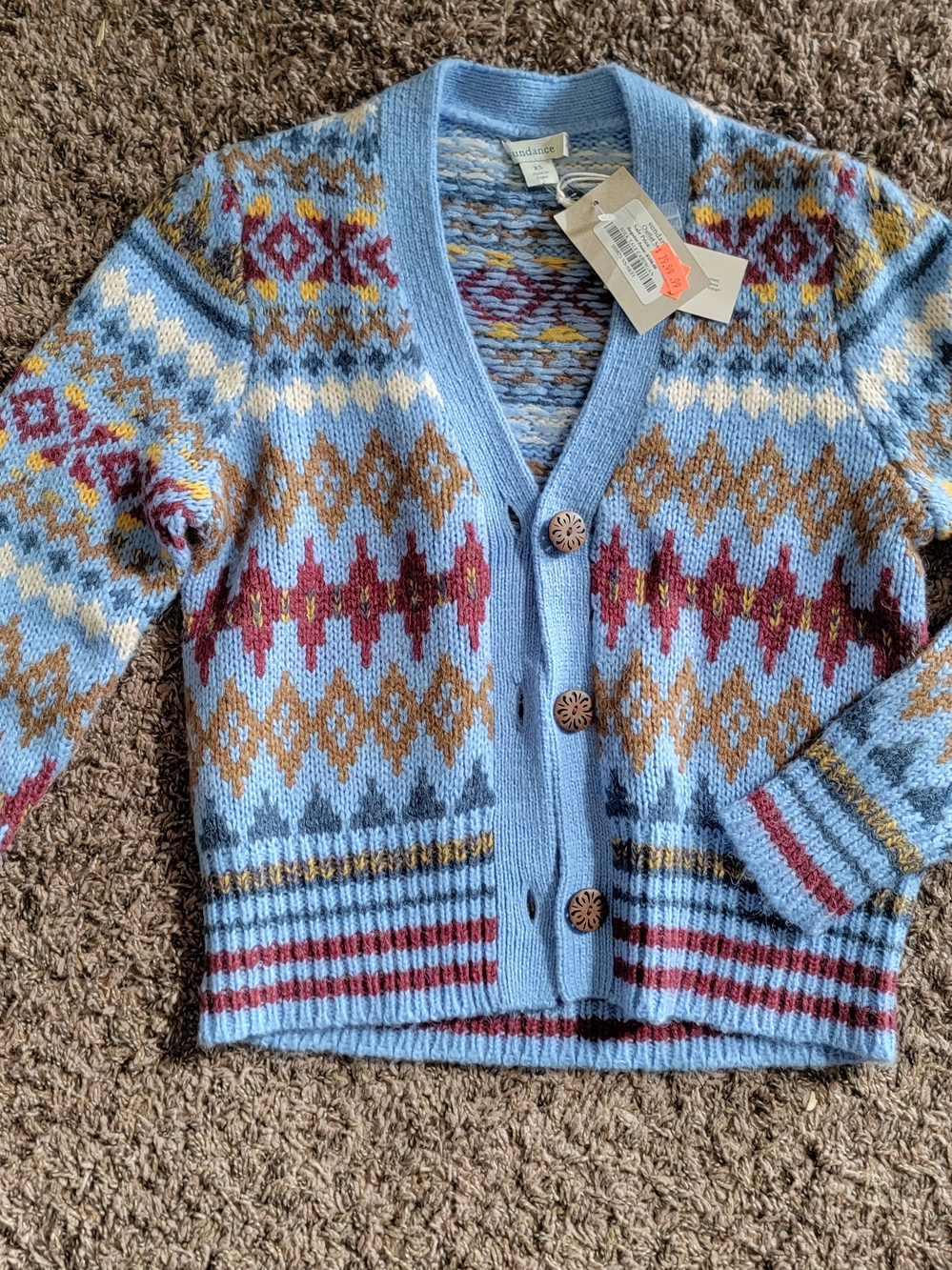 Sundance Light Blue Folk Tale Wool Blend Cardigan Sweater